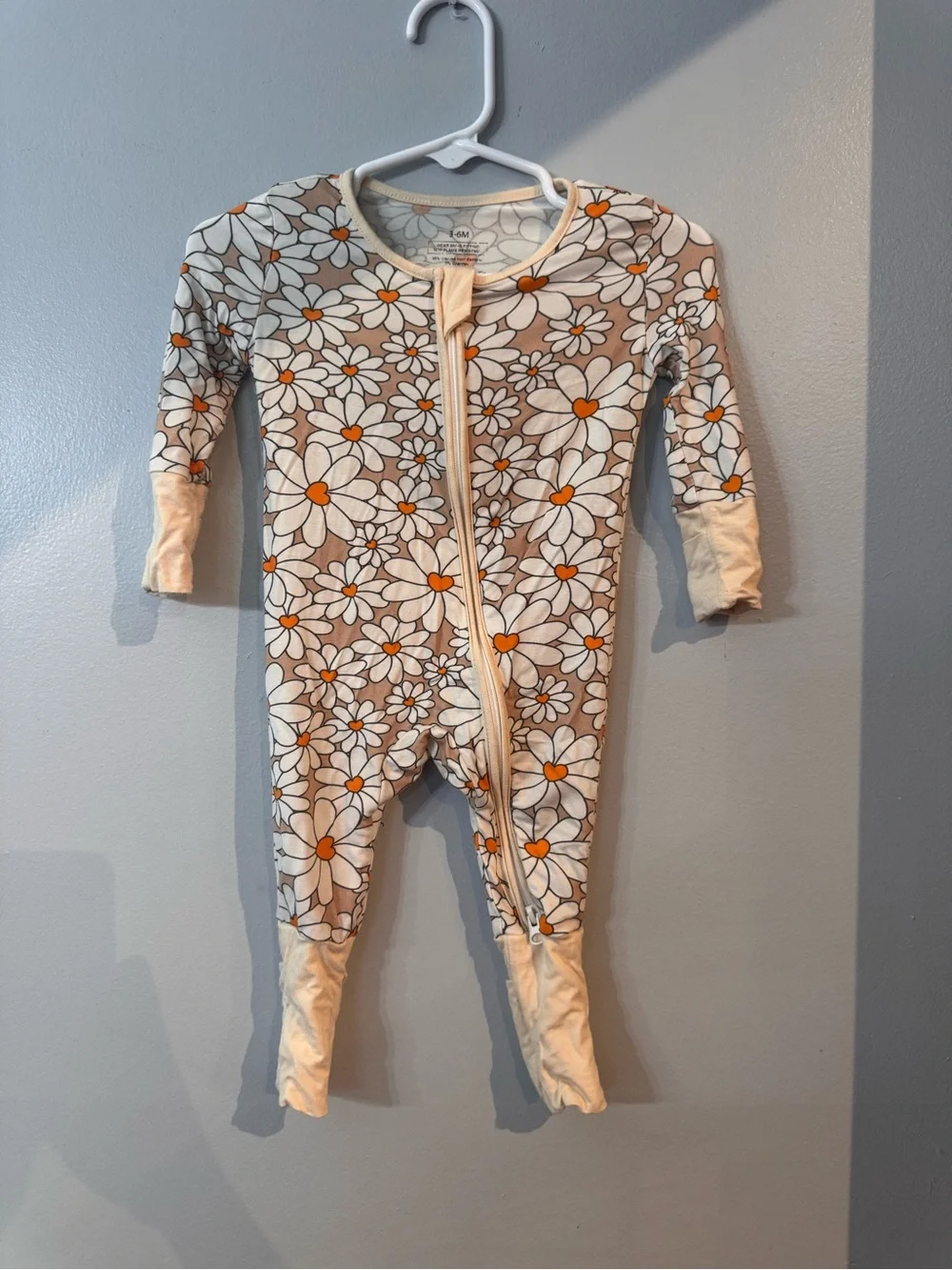 Kids Long Sleeve Daisy Print One-Piece Bamboo Pajamas - Cream & Orange
